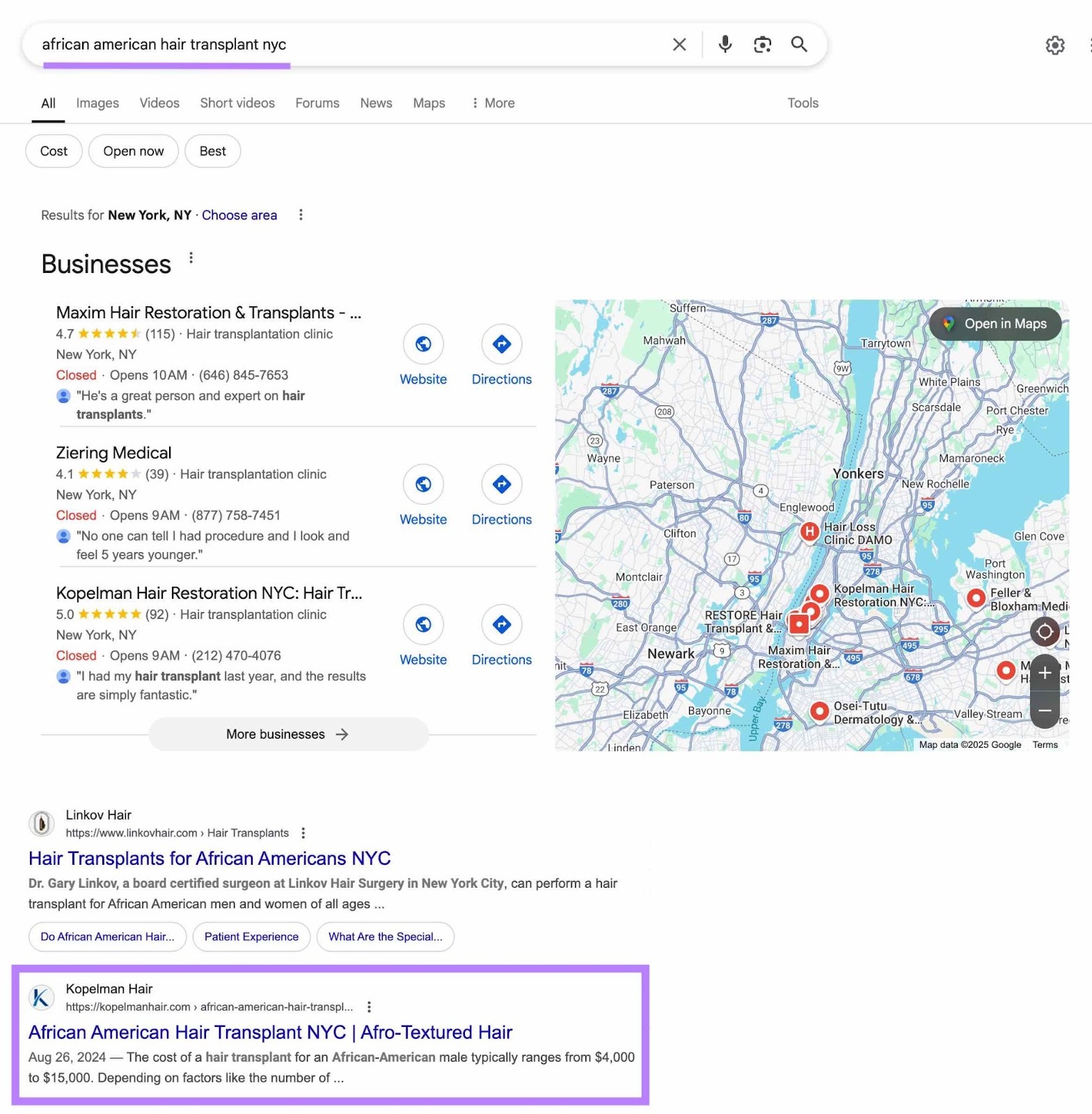 Google搜索结果页面中输入了特定关键词，一个针对该特定关键词的网站出现在第二位