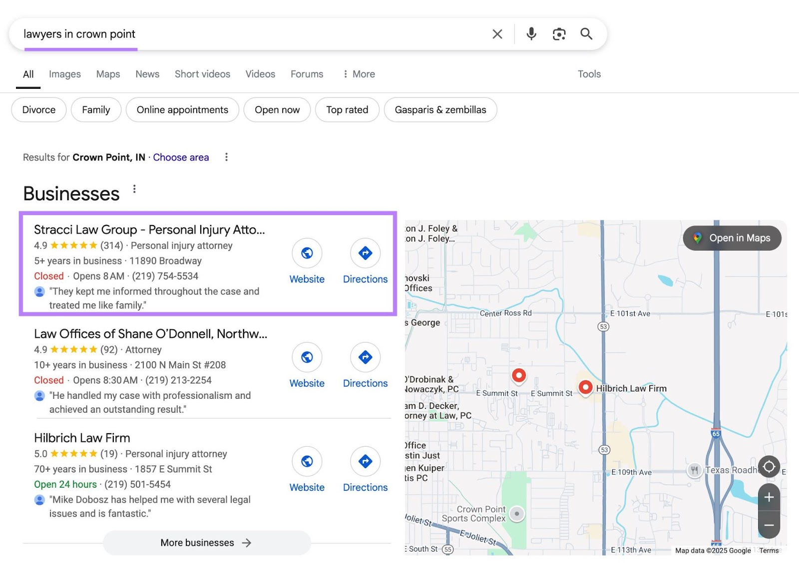 Google搜索结果页面中输入了“印第安纳州皇冠点的律师”，结果出现在地图包的第一位