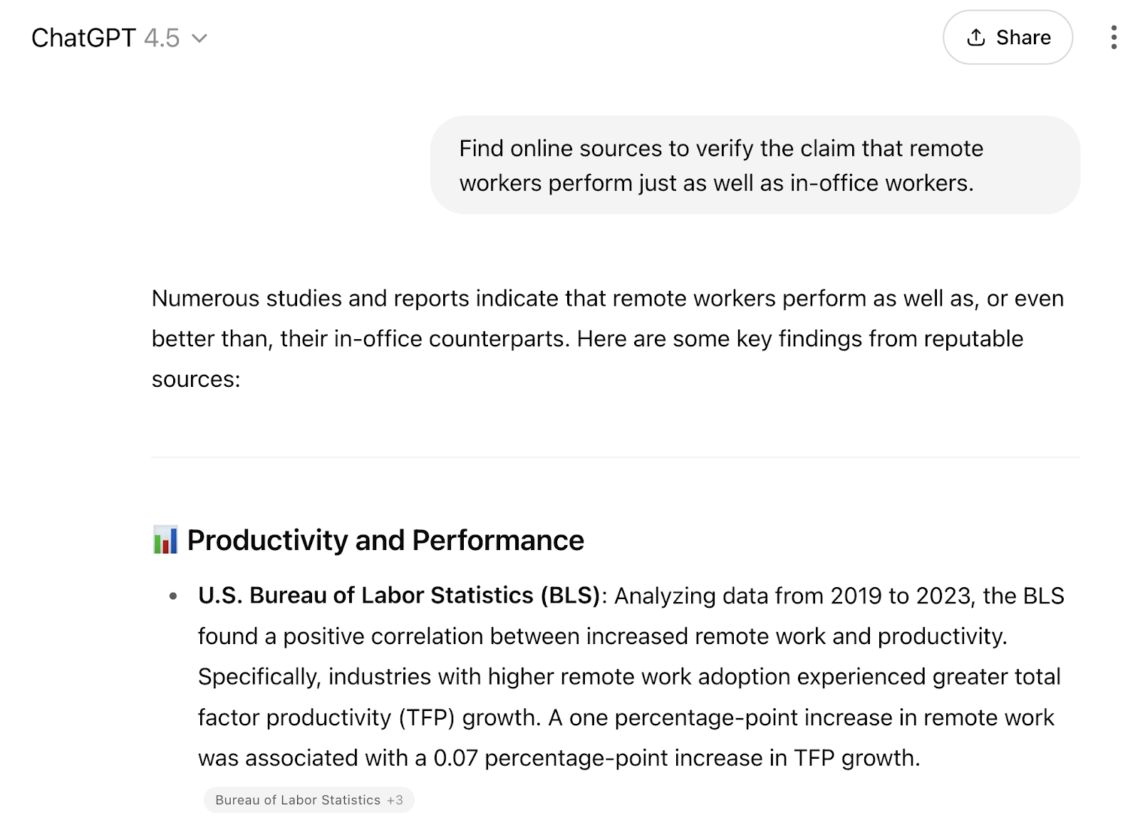 提示说:"找到在线来源以验证远程工作者的表现与办公室工作者一样的说法。"并且响应显示了来自各种来源的统计数据。
