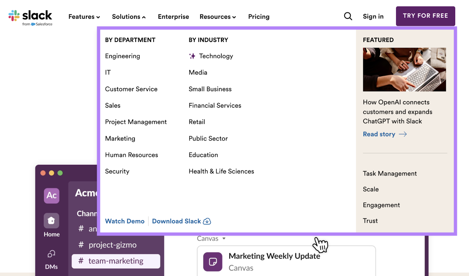 Slack 按部门和行业划分的登陆页面