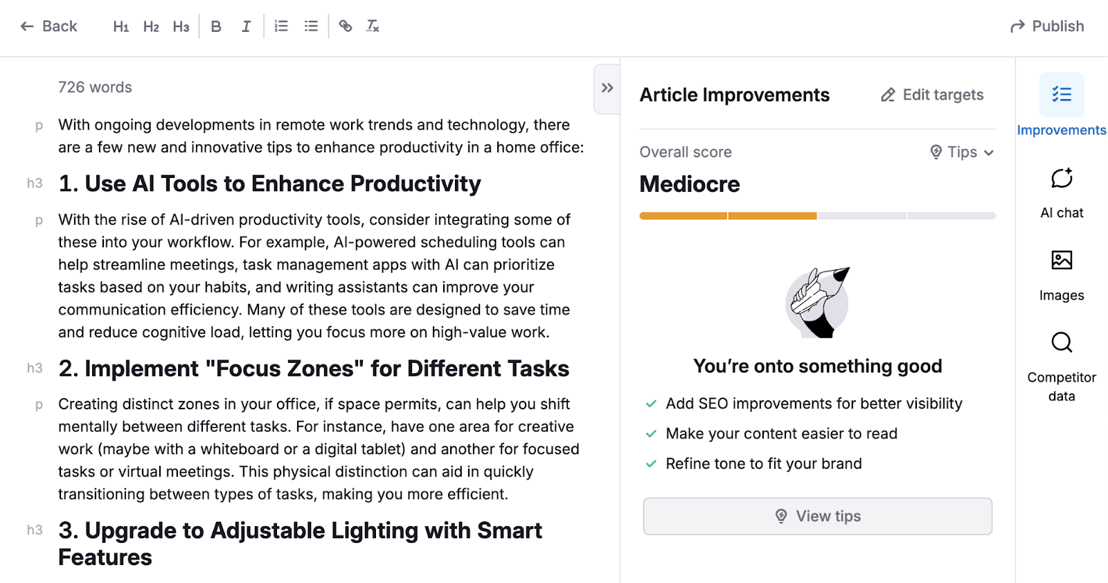 编辑力荐的7款内容编 1 内容优化器显示了一篇文章的分数是"一般"。