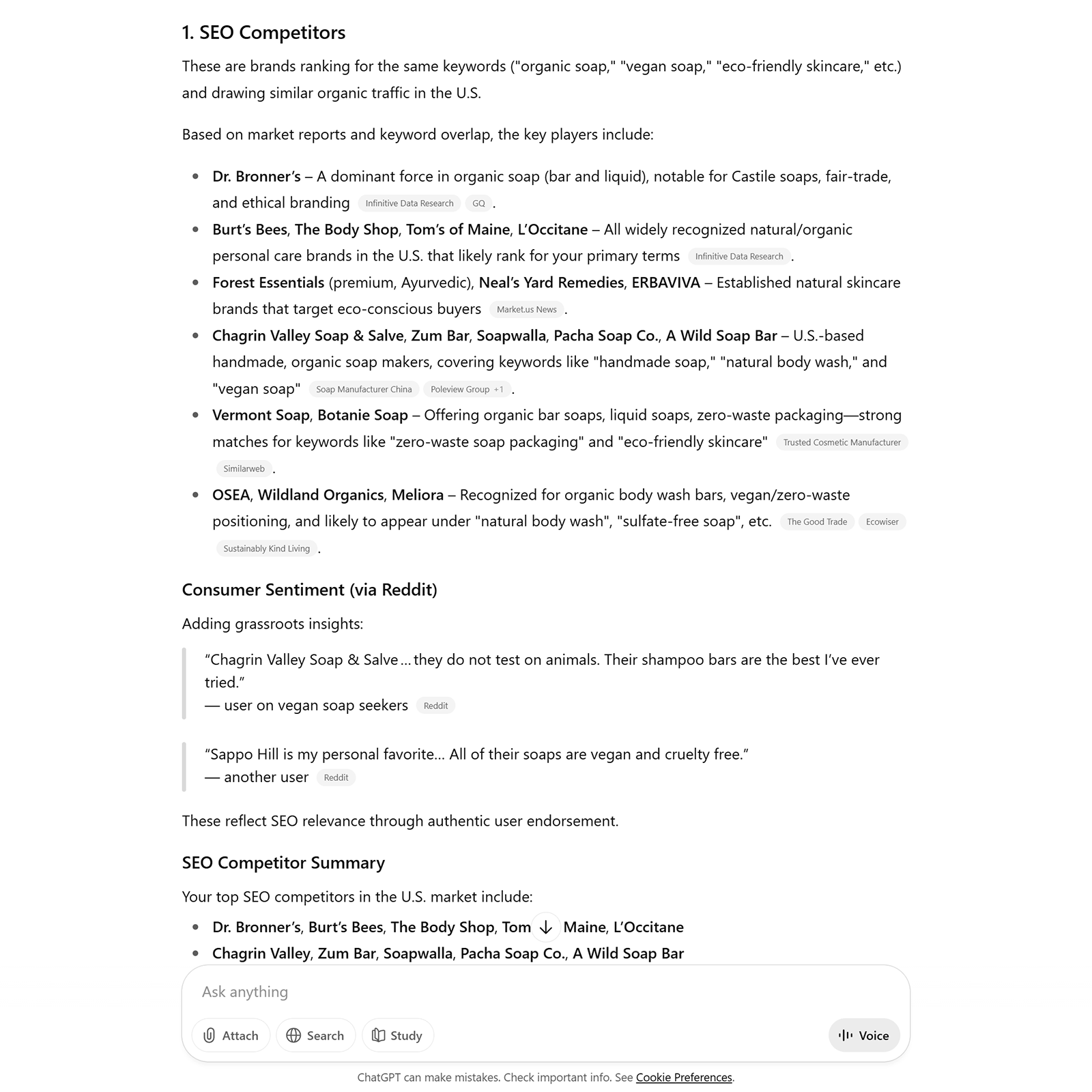 ChatGPT 回复列出了 SEO 竞争对手，并突出显示了品牌名称和来自 Reddit 的消费者情绪引述。