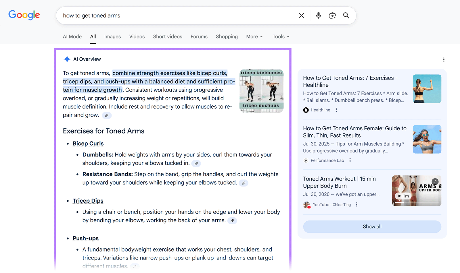 带有 AI 概览的 Google 搜索结果显示了锻炼手臂的练习，并带有突出显示的文本和示例图像。