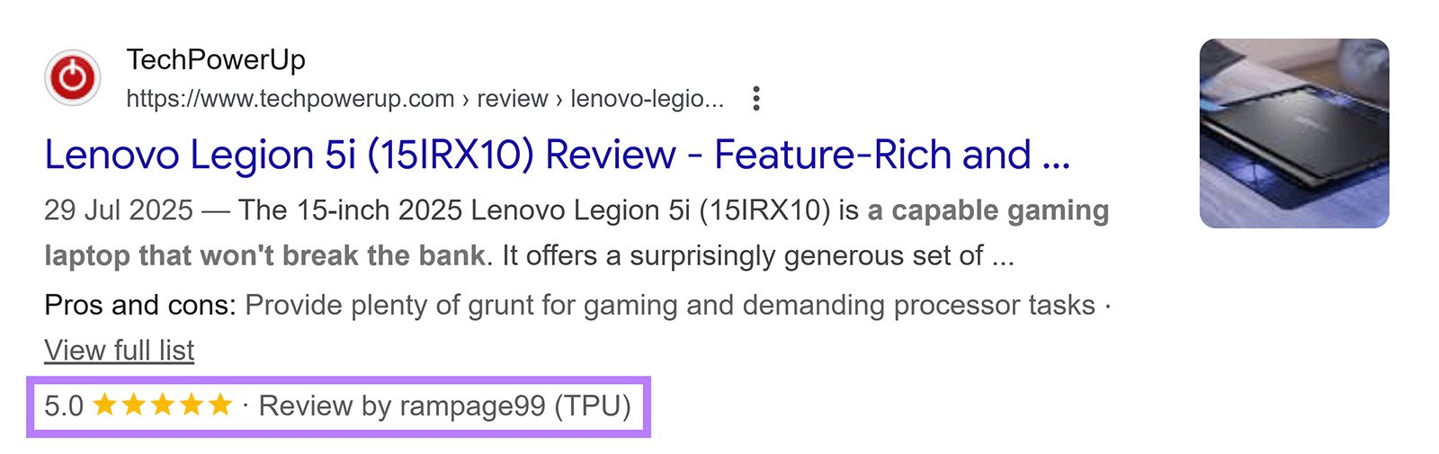 联想 Legion 笔记本电脑的 Google 搜索结果，其中突出显示了 5 星评论丰富片段。