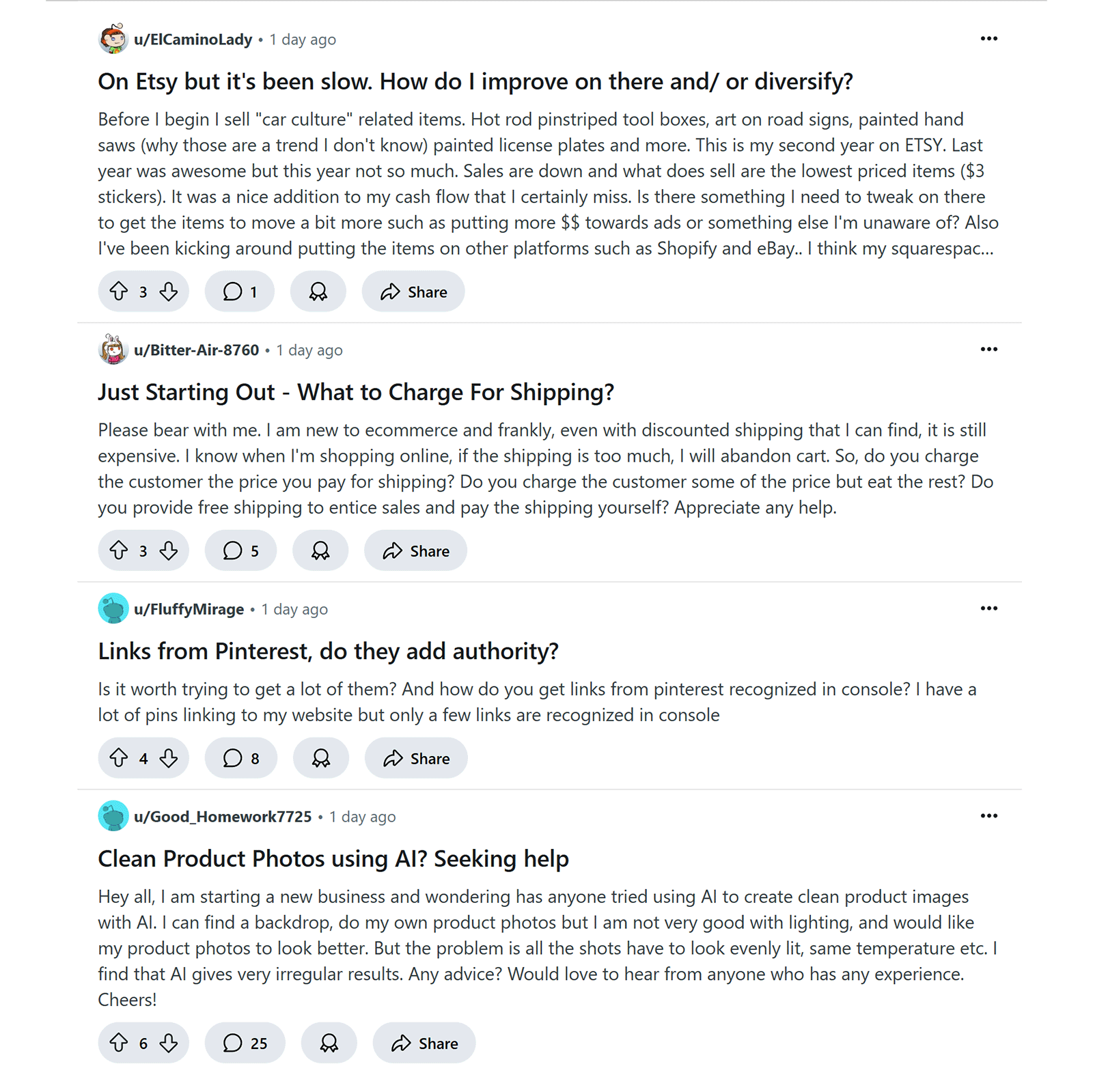 Reddit 动态,包含关于 Etsy 销售、运费、Pinterest 链接和 AI 生成的产品照片的问题。