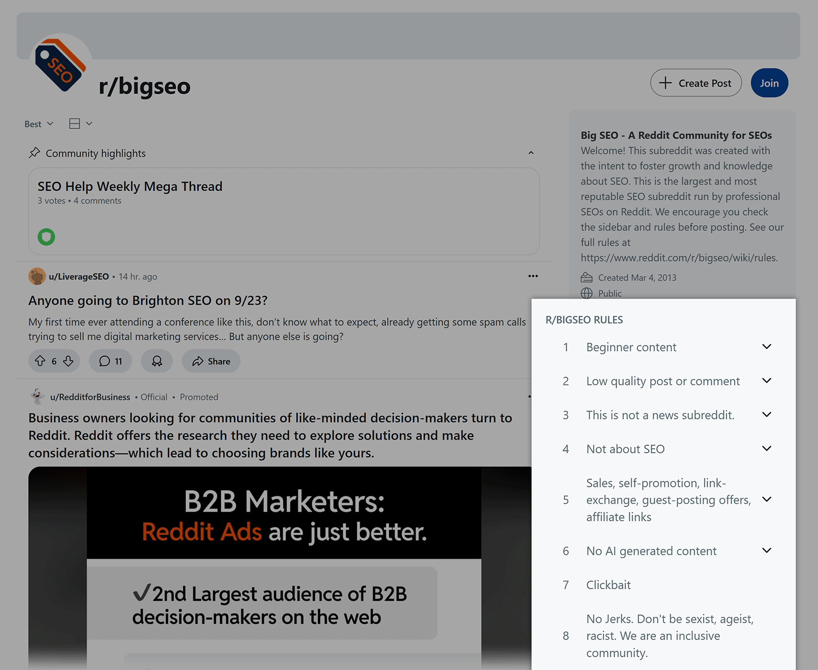 r/bigseo subreddit 动态,显示右侧的规则列表。
