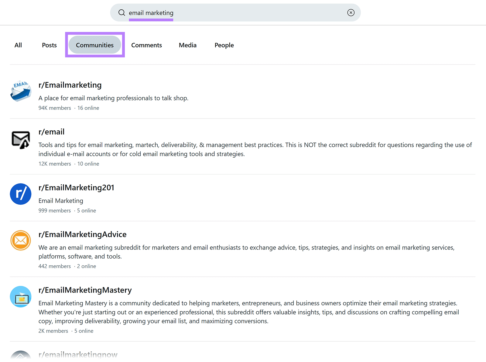检索结果,显示相关的"email marketing" Reddit 社区。