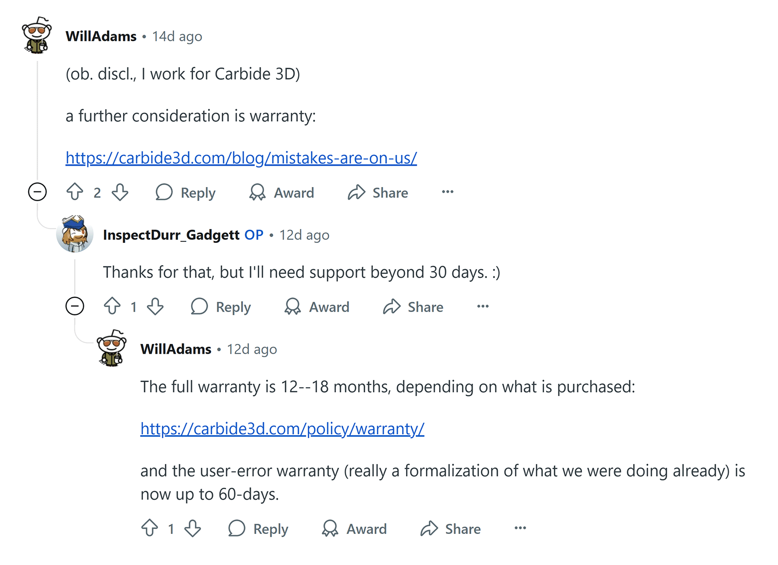 Reddit 评论线程,由 Will Adams 讨论具有链接的产品保修。