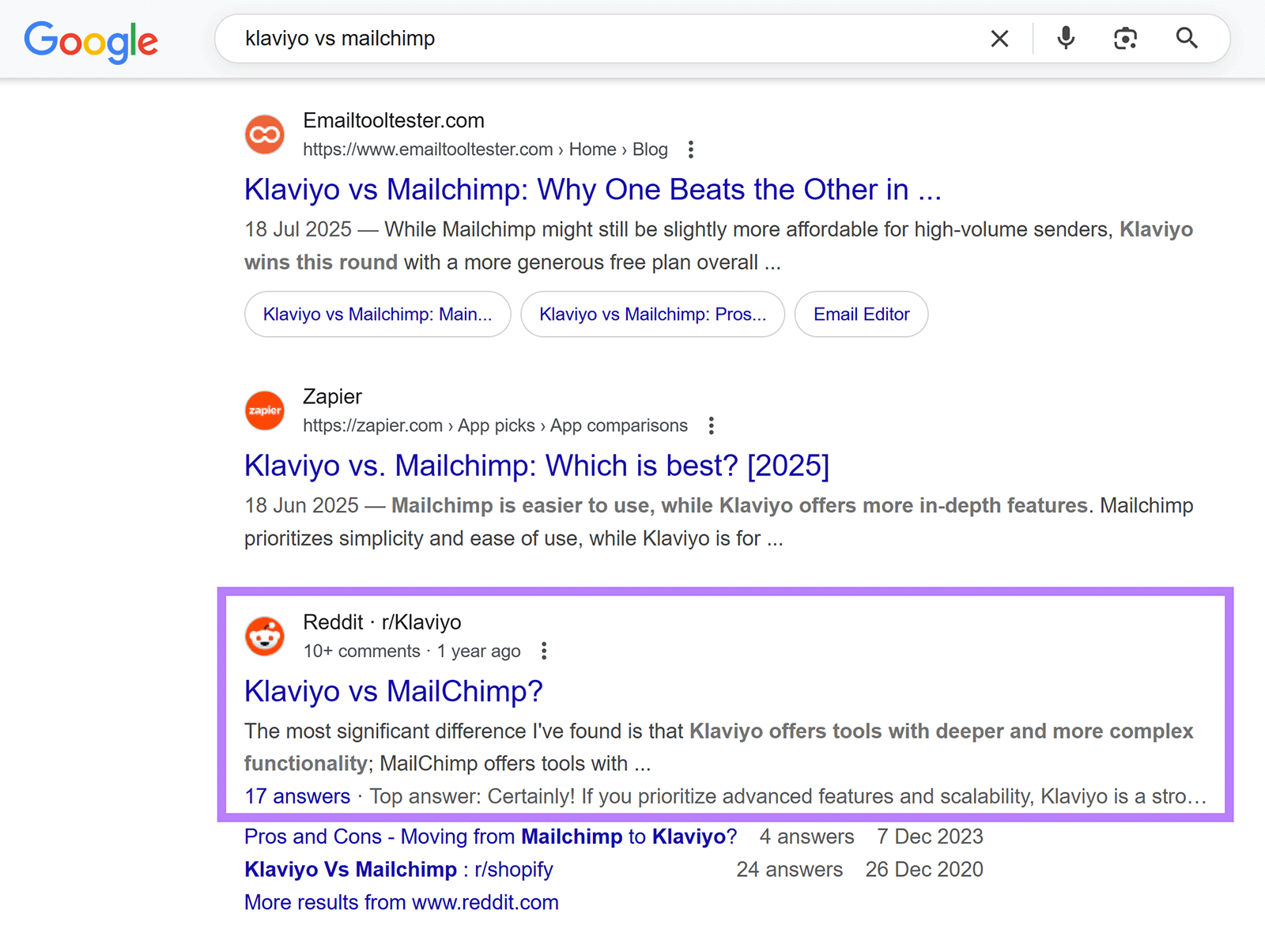 Google 搜索结果,显示"klaviyo vs mailchimp",突出显示 Reddit 帖子。