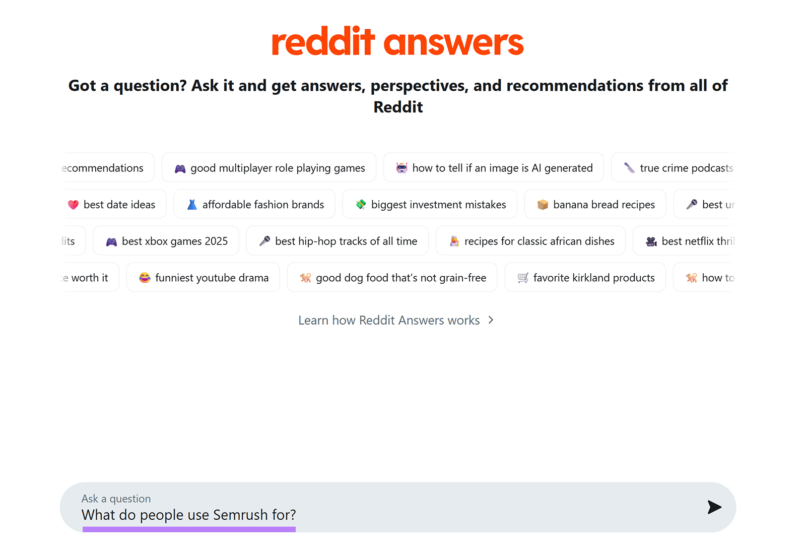 Reddit 答案页面,显示示例查询和 Semrush 问题。