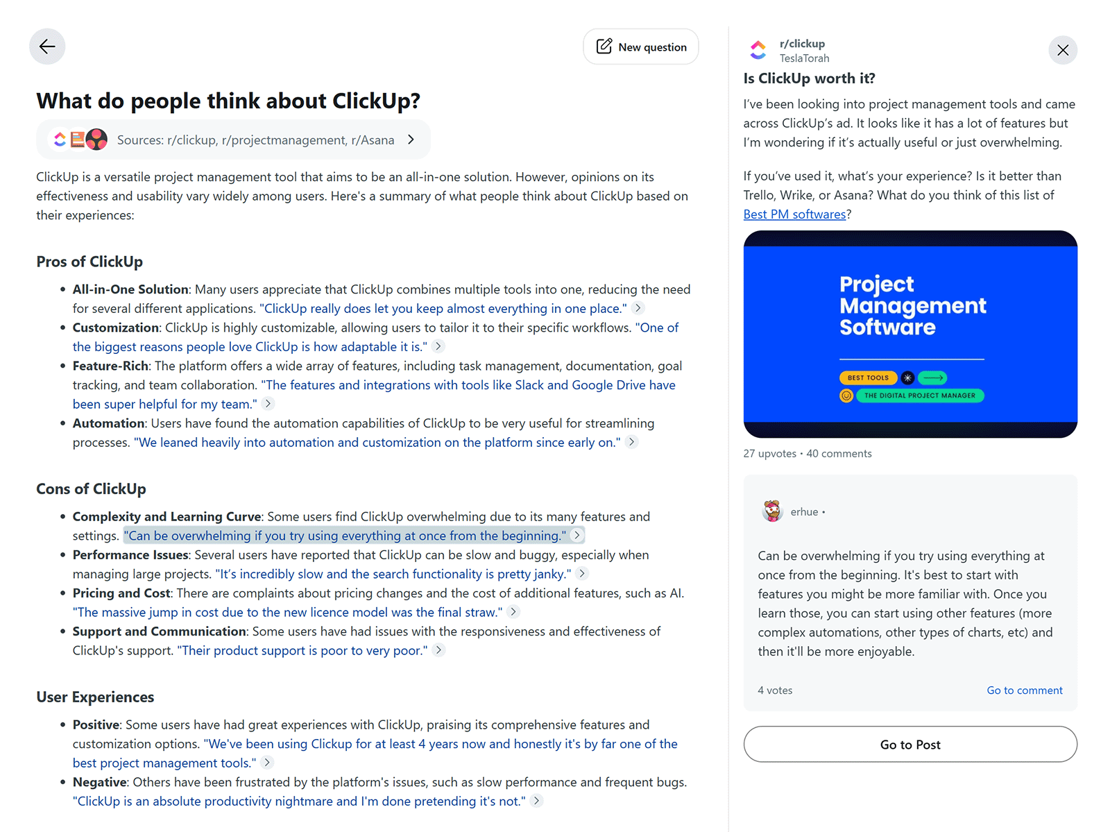 Reddit 答案,总结 ClickUp 的优缺点,包含链接的线程。