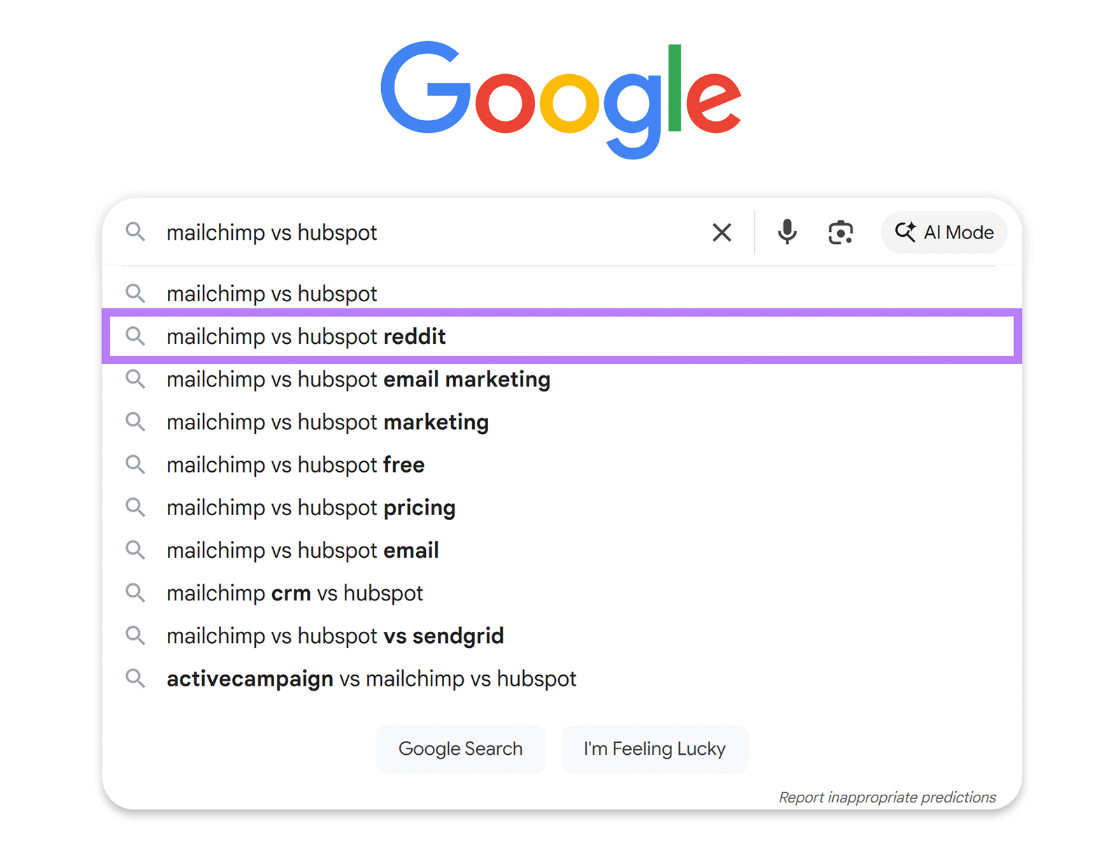 如何正确地做到 1 Google 自动完成以"mailchimp vs hubspot reddit" 为例。